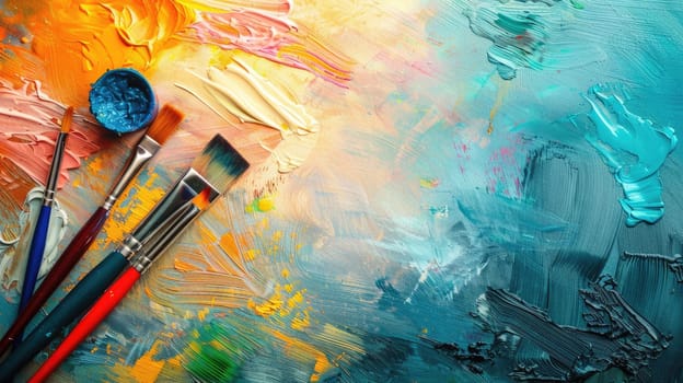 An art piece of a sunset displayed on canvas with paint tubes and brushes on a table. The colors include electric blue, resembling automotive exterior, against a building backdrop reflecting on water AIG50