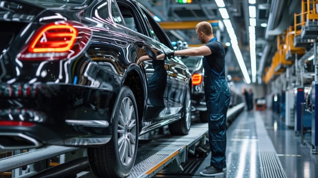 A man is busy working on a car in a factory, inspecting tires, wheels, and automotive lighting for the vehicle's assembly. AIG41