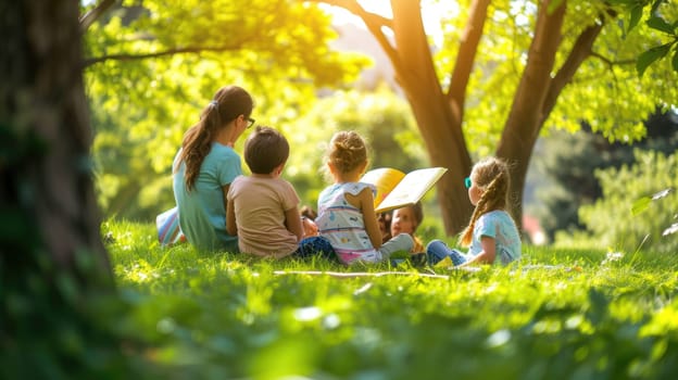 A joyful group of people enjoying the natural landscape, sitting on the grass in a park surrounded by trees and terrestrial plants. AIG41