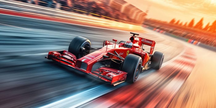 Racing car moving at high speed along racetrack with high speed with blurring. Racing car, propelled by the immense power of engine, hurtles down racetrack with slicing through the air. AIG42.