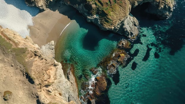 A breathtaking aerial view of a water body encircled by rocks, with green grass and trees creating a stunning natural landscape resembling a painting AIG50