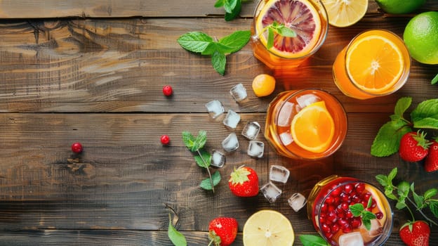 There is a variety of drinks, including natural fruitbased beverages, on the table made with ingredients such as plum tomatoes, cherry tomatoes, and bush tomatoes AIG50