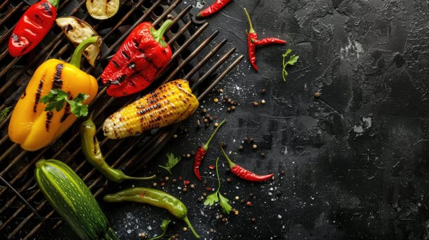 A variety of colorful bell peppers and chili peppers are sizzling on the grill, ready to be used as ingredients in a delicious recipe. These natural foods add flavor and nutrition to any cuisine AIG50