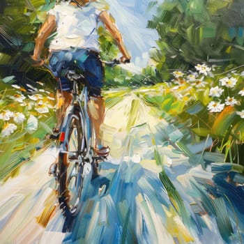 Riding a bicycle through a field of daisies, with the sun shining in the sky and fluffy clouds overhead, feeling the gentle breeze and admiring the beauty of nature AIG50