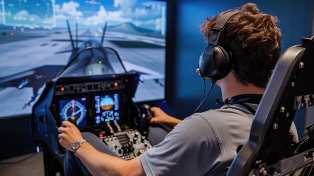 Smart pilot training and looking at control panel in simulated flight. Confident professional pilot practicing flying aircraft while sitting at plane cockpit and learning to use control panel. AIG42.