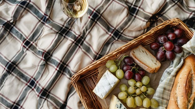 A picnic featuring a bottle of wine, grapes, cheese, bread, and a glass of wine, all laid out on a tartan blanket. The natural foods complement the plantbased recipe perfectly AIG50