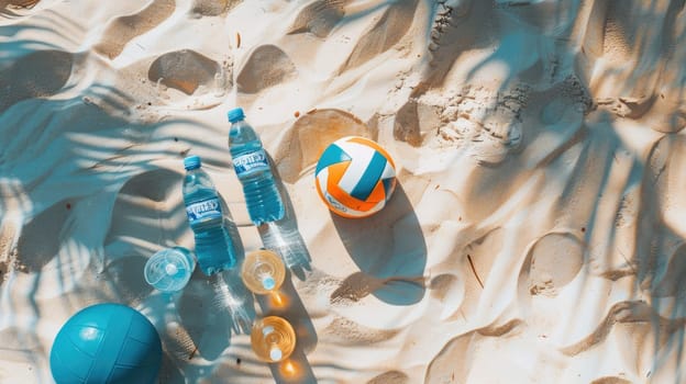 A row of glass bottles, azure balls, and paddles lay scattered on the sandy beach, creating a beautiful art display in harmony with the natural environment AIG50