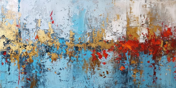The abstract picture of the gold, blue and red colours that has been painted or splashed on the white blank background wallpaper to form the random shape that cannot be describe yet beautiful. AIGX01.