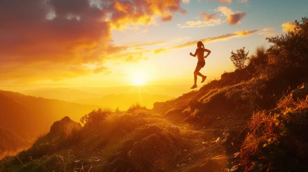A solitary runner takes on a mountain trail at sunset, embodying the spirit of endurance and the pursuit of personal fitness goals. AIG41