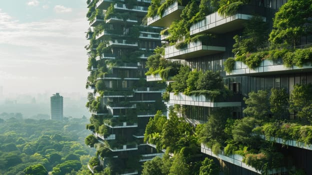 The picture about the apartment and building that has been covered with green plant or tree that covered almost every part of the buildings under the bright light from the sun in the daytime. AIGX03.