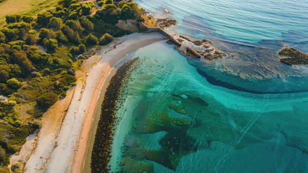 Capturing the mesmerizing patterns of waves crashing on a beach from an aerial view using macro photography, showcasing shades of electric blue against the sandy shore AIG50