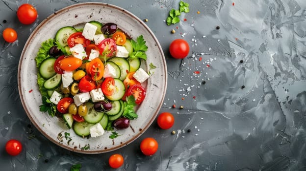 A colorful dish of salad made with fresh tomatoes, cucumbers, olives, and feta cheese displayed on a table AIG50