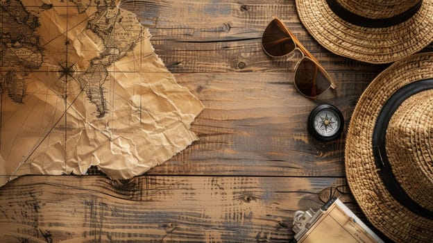 A stylish display of a hat, compass, sunglasses, and a map on a wooden table. The wood adds an artistic touch to this collection of travel essentials AIG50