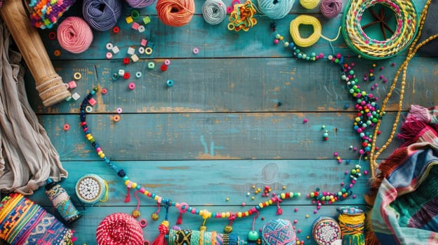 A creative arts product display featuring a wooden table topped with a variety of body jewelry items such as colorful bracelets and beads in magenta, aqua, and other vibrant colors AIG50