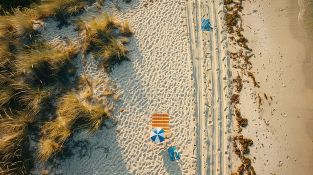 A natural landscape with palm trees, sandy beach, and volleyball under the blue sky viewed from above AIG50
