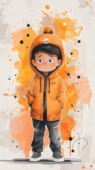 A cartoon illustration of a boy with orange jacket and hood, standing in front of a door. The visual arts piece showcases his confident gaze and playful expression