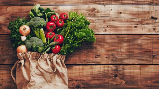 A bag of leaf vegetables, a natural food ingredient full of nutrients, is placed on a rectangular wooden table in preparation for a healthy recipe AIG50