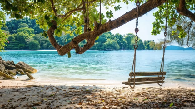 A wooden swing hangs from a tree on a beach, overlooking the water with boats sailing in the distance under a sky dotted with fluffy clouds AIG50