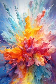 Explosive color burst in orange, pink, and blue. Vertical image of exploding motion of multicolored powder with dark background. Abstract art and creative design concept. Celebrate and festive. AIG35.