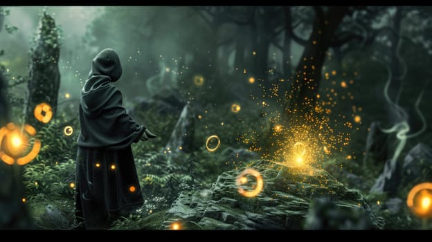 Smart wizard casting magical spell while preparing for ceremony at fantasy forest with glowing flower. Professional attractive witch testing his powerful magical spell or luminous magic. AIG42.
