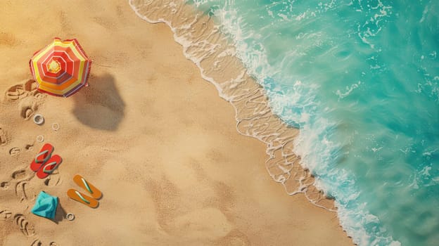 A natural landscape with palm trees, sandy beach, and volleyball under the blue sky viewed from above AIG50
