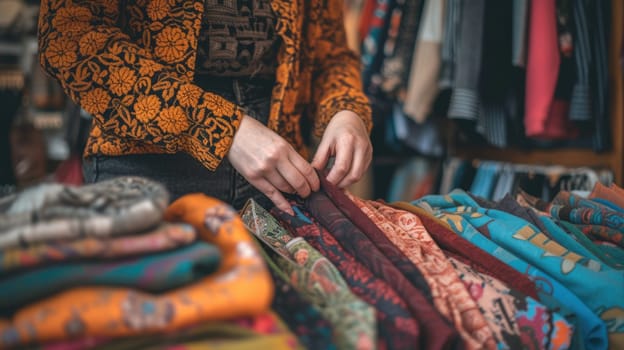 Close-up of a person's hands browsing through a colorful selection of clothing at a vintage fashion store. AIG41