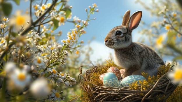 Fluffy big brown rabbit with brown fur sitting near easter egg with colorful pattern scattering around the garden. Cute bunny standing while surrounded with forest at warm day at spring season. AIG42.