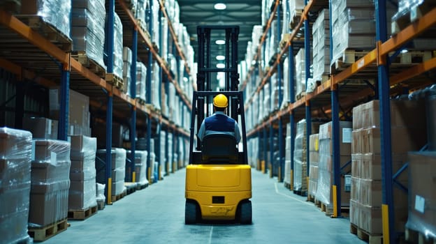 A man operates a forklift amidst shelving and fixtures in a warehouse, while moving wooden flooring for an upcoming event. AIG41