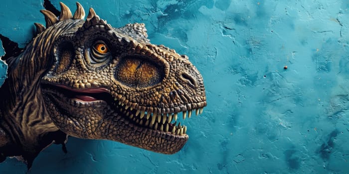 Close up view picture of the hollow blue hole on the the wall that show the t.rex stay inside the wall that has been made from some material yet still can break to look through the other side. AIGX03.