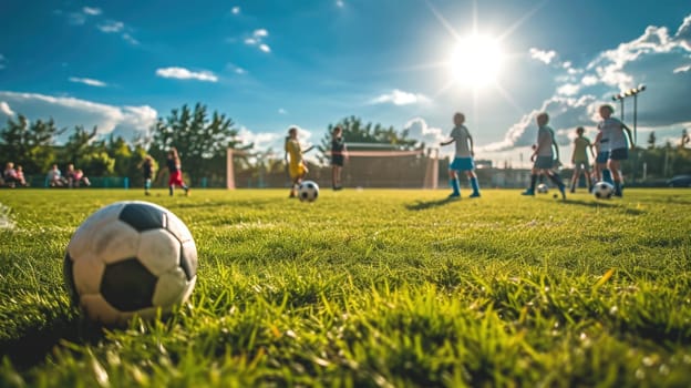 A group of players are enjoying a game of soccer on a grassfield under the blue sky, surrounded by trees and lush green landscape. AIG41