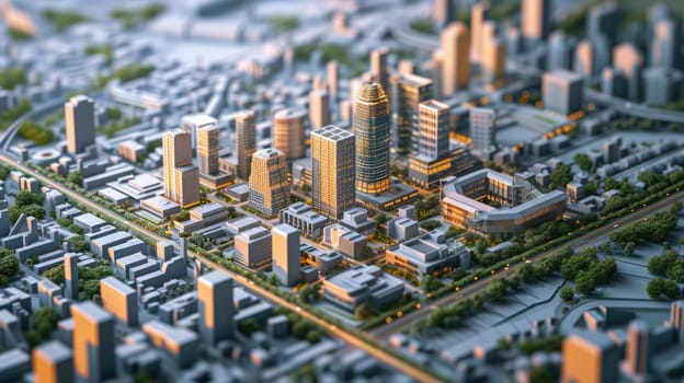 Top view of cityscape simulated model placed on meeting table. Urban planner designing smart city by using AI or technology innovation. Modern architectural building concept. Visual effect. AIG42.