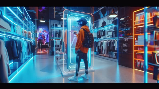 Skilled people using VR headset to connect in metaverse shopping mall and choosing product. Smart people walking in simulated shopping center while using visual reality goggles. Innovation. AIG42.