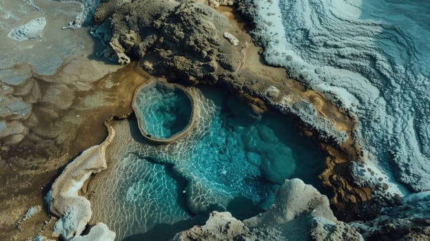 A breathtaking aerial view of a water body encircled by rocks, with green grass and trees creating a stunning natural landscape resembling a painting AIG50