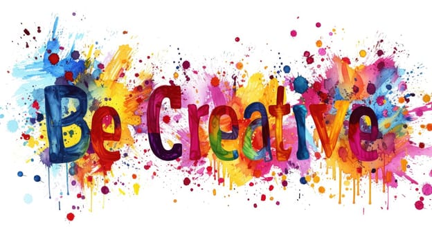 Letter of be creative in variant texture with splashing or stained colorful color with white background. Picture of lettering of be creative was painted or written by watercolor in art lesson. AIG42.
