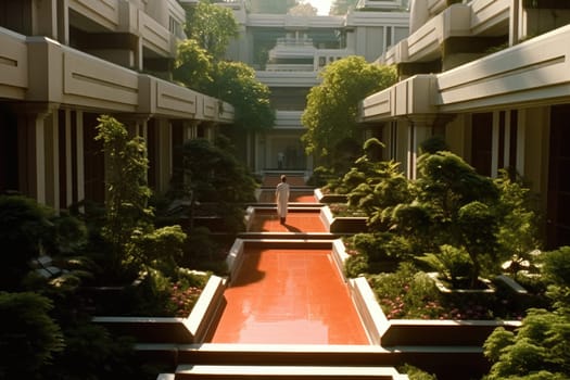 A long hallway with red water features and greenery on either side. AIG51A.