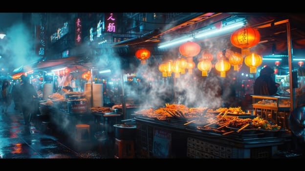 Hot grilled tradition chinese street food placed on food stall with smoke and surrounded by diverse people walking at night market with neon light and blurring background. Tourism concept. AIG42.