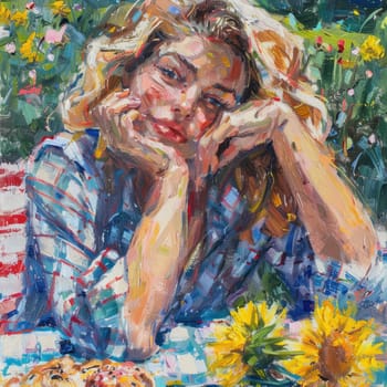 The painting depicts a woman with elegant hairstyle and captivating facial expression, laying in the grass surrounded by colorful flowers AIG50