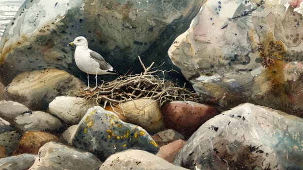 A seabird with a sharp beak, part of the Charadriiformes order, is perched on a rock nest made of natural materials on the bedrock soil landscape AIG50