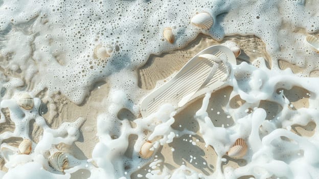 An electric blue flip flop is peacefully floating in the azure water, encircled by seashells, creating a beautiful natural art composition AIG50