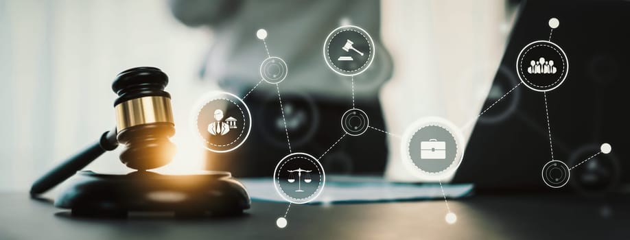 Smart law, legal advice icons and lawyer working tools in the lawyers office showing concept of digital law and online technology of savvy law and regulations .