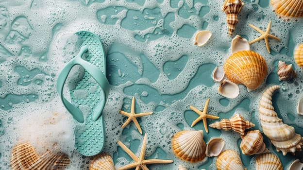 An electric blue flip flop is peacefully floating in the azure water, encircled by seashells, creating a beautiful natural art composition AIG50