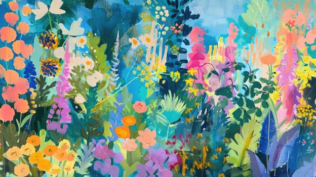 A vibrant painting featuring a plant and flower pattern with colorful leaves on a green background, creating a beautiful visual arts piece AIG50