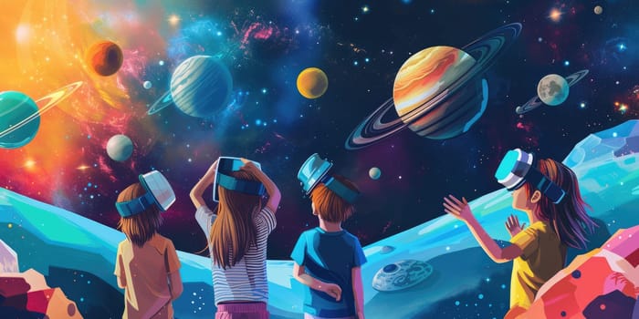 Group of skilled elementary student studying about astronomy and space at classroom by using technology innovation to simulate planet. Diverse children playing and exploring planet and star. AIG42.