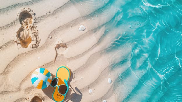 A beach ball and sunglasses are lying on the sandy shore, creating a colorful contrast against the landscape. Its a pictureperfect scene for leisure and recreation AIG50