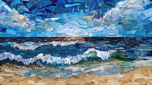 A stunning mosaic painting depicting the beauty of nature with seashells and starfish on a beach. The artwork captures the essence of the natural world in electric blue hues AIG50