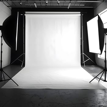 A black and white photo of a monochrome photo studio with a white backdrop, rectangular lights, and various tints and shades. Perfect for events and entertainment on stage