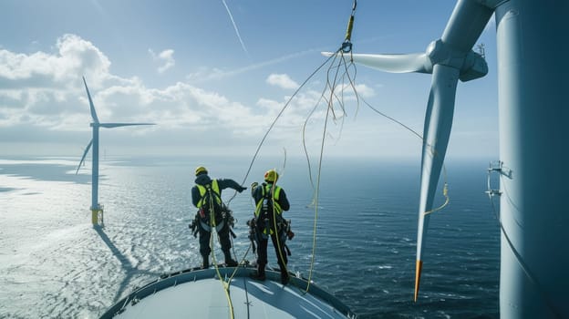 A team is constructing a wind turbine in the ocean, blending water, wind, and adventure to generate sustainable energy. AIG41