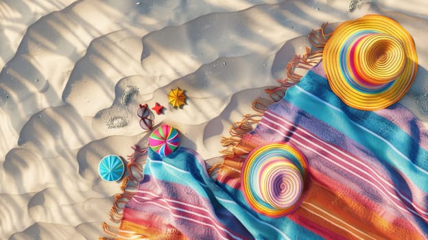An electric blue hat, patterned scarf, stylish sunglasses, and a rainbow towel are laid out on the beach. The colors create a beautiful circle of art amidst the sand and water AIG50