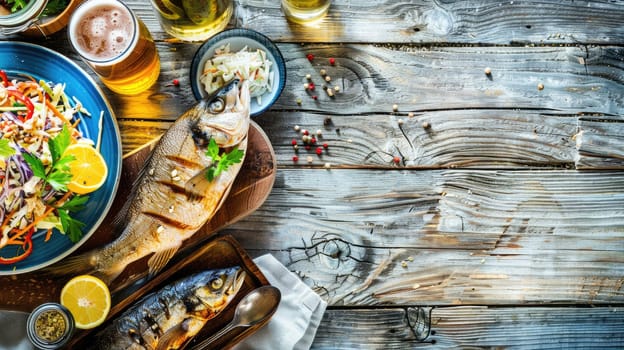 A rectangular wooden cutting board topped with grilled fish and lemon slices, beautifully displayed on a wooden table AIG50