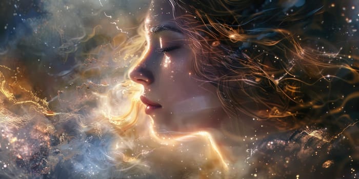 A beautiful woman with long brown hair and blue eyes, with a glowing aura, in space, surrounded by stars and nebulae. AIG51A.